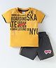 Simply Sinker Knit Half Sleeves T-Shirt & Shorts Set With Text Print - Yellow & Charcoal Grey