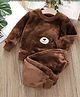 Babymoon Velvet Knit Full Sleeves Cat Patch Embroidered Tee & Pajama Set - Brown