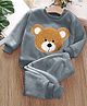 Babymoon Velvet Knit Full Sleeves Bear Patch Embroidered Tee & Pajama Set - Grey