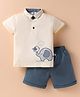 Mini Taurus Cotton Knit Half Sleeves Polo T-Shit & Shorts Set with Elephant & Bird Print - Cream