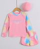 Pine Kids Full Raglan Sleeves Two Piece Swimsuit With Tie & Dye Print & Swimming Cap - Pink