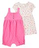 Carter's Knit Sleeveless Romper & Half Sleeves Frock With Floral & Polka Dot Print & Bloomer - Dark Pink & White