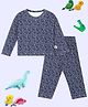 The Mom Store Cotton Knit Full Sleeves Dinosaurs Printed Coordinating Tee & Pajama Set - Navy Blue