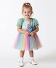 Bonfino Woven Puffed Sleeves Flare Rainbow Mesh Partywear Dress with Bow Applique - Light Blue Plum & Pink