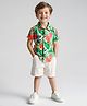 Bonfino Woven Half Sleeves Oversized Resort Collared Shirt & Shorts Set with Tropical Theme Print - Green & Beige