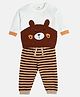 MINI KLUB Cotton Full Sleeves Animal Printed Tee & Striped Pant - Marshmallow & Brown