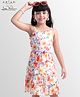Arias Woven Singlet Sleeves Power Mesh Floral Printed Dress with Belt - Multicolor