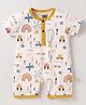 Mini Taurus Cotton Knit Half Sleeves Romper With Car Print - Cream & Mustard