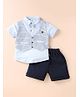 Mini Taurus Cotton Knit Half Sleeves Attached Waistcoat Shirt & Shorts Set with Checks & Bow Applique - Light Blue & Black