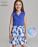 Arias Satin Lycra Woven Sleeveless Front Open Collared Top & Layered Printed Power Mesh Skirt Set - Blue