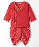 Exclusive from Jaipur Cotton Knit Full Sleeves Kurta  Dhoti Set With Checks & Lace Detailing - Red
