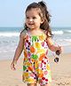 Babyhug Cotton Knit Sleeveless Jumpsuit with Fruits Print & Bow Applique - White