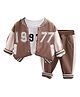 Little Surprise Box Full Sleeves Numericals Printed Jacket & Tee With Joggers Set - Browm