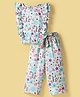 Olio Kids Cotton Knit Frill Sleeves Co-ords Top & Culottes Set with Floral Print & Fabric Belt - Multicolor
