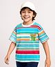 Pine Kids Cotton Knit Half Sleeves Striped T-Shirt with Beach Theme Print - Light Blue