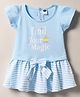 Teddy Sinker Knit Half Sleeves Frock With Text Print & Bow Applique - Light Blue