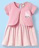 Teddy Sinker Knit Half Sleeves Striped Frock with Kitty Print - Pink