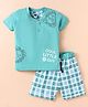 Teddy Sinker Knit Half Sleeves T-Shirt & Checks Shorts Set With Lion Print - Sea Green