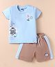 Teddy Sinker Knit Half Sleeves T-Shirt & Shorts Set With Teddy Bear Print - Light Blue