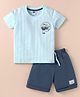Teddy Sinker Knit Half Sleeves T-Shirt & Shorts Set With Teddy Bear Print - Light Blue