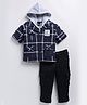 LITTLE COLLARS Cotton Full Sleeves Checked Shirt & Cargo Pants With Hooded Tee Set - Navy Blue