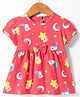 Little Darlings Sinker Knit Half Puffed Sleeves Bear & Stars Printed Frock with Bow Applique - Red