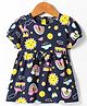 Little Darlings Sinker Knit Half Puffed Sleeves Rainbow & Floral Printed Frock with Bow Applique - Navy Blue