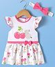 Doreme Single Jersey Knit Frill Sleeves Tropical Theme Printed & Embroiderd Frock with with Headband & Bow Applique - Pink