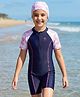 Pine Kids Half Raglan Sleeves Legged Swimsuit With Leaf Print - Navy Blue