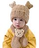 Babymoon Fleece Bear Applique Designed Cap With Scarf - Brown