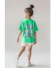 Primo Gino Cotton Knit Half Drop Shoulder Sleeves Oversized T-Shirt with Front & Back Floral Print - Green