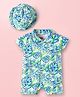 Babyhug 100% Cotton Knit Half Sleeves Romper with Cap and Floral Print - Light Blue