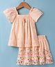 Twetoons Poplin Woven Half Sleeves Top & Skirt Set With Floral Print & Applique - Peach