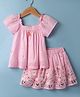 Twetoons Poplin Woven Half Sleeves Top & Skirt Set With Floral Print & Applique - Pink