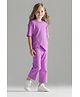 Primo Gino Cotton Knit Half Drop Shoulder Sleeves Oversized T-Shirt & Wideleg Legging Set with Front & Back Text Print - Lilac