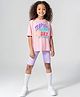 Primo Gino Cotton Knit Oversized Drop Shoulder T-Shirt & Cycling Shorts Set With Tropical Text Printed - Pink