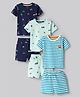 Bonfino 100% Cotton Knit Half Sleeves Shorts Co-ord Night Suit With Stripes & Vehicle Print  Pack Of 3- Blue White & Navy Blue