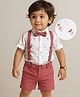 Mark & Mia Cotton Woven Half Sleeves Shirt with Shorts Set with Suspender & Bow and Beach Theme Print - White & Maroon