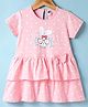 Teddy Sinker Knit Half Sleeves Frock with Bunny Print Bow Applique - Pink