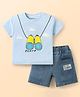 Mark & Mia Cotton Lycra Knit Half Sleeves T-Shirt & Denim Shorts Set with Binocular Print & Cloud Patch Detailing - Light Blue