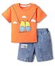Mark & Mia Knitted Half Sleeves T-Shirt & Denim Shorts with Binocular Print - Orange & Light Blue