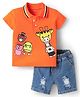 Mark & Mia Half Sleeves Polo T-Shirt & Denim Shorts Set With Animal Print & Distressed Pattern - Orange & Blue