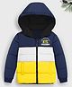 Trampoline Full Sleeves NYC Text Printed Colour Blocked Padded Hooded Jacket - Blue White & Yellow