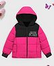Trampoline Full Sleeves Awesome Text Printed Colour Blocked Padded Hooded Jacket - Pink & Black