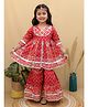 Superminis Cotton Three Fourth Sleeves Floral Printed & Gota Lace Embellished Kurta Sharara Set - Red