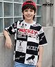 Pine Kids Disney Terry Knit Half Drop Shoulder Sleeves Oversized T-Shirt with Mickey Mouse Gel Print - Black & White
