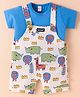 WOW Clothes Interlock Knit Dungaree & Half Sleeves T-Shirt With Animal Print - White & Blue