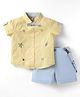 ToffyHouse 100% Cotton Woven Half Sleeves Checkered Shirt & Shorts Set With Beach Theme Embroidery & Bow & Suspender - Sky Blue
