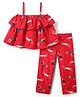 Under Fourteen Only Cotton Sleveless Girls Printed Frill Detailed Top With Coordinating Pant Set - Red