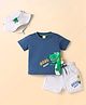 WOW Clothes Sinker Knit Half Sleeves T-Shirt & Shorts Set With Dino Print & Cap - Navy Blue